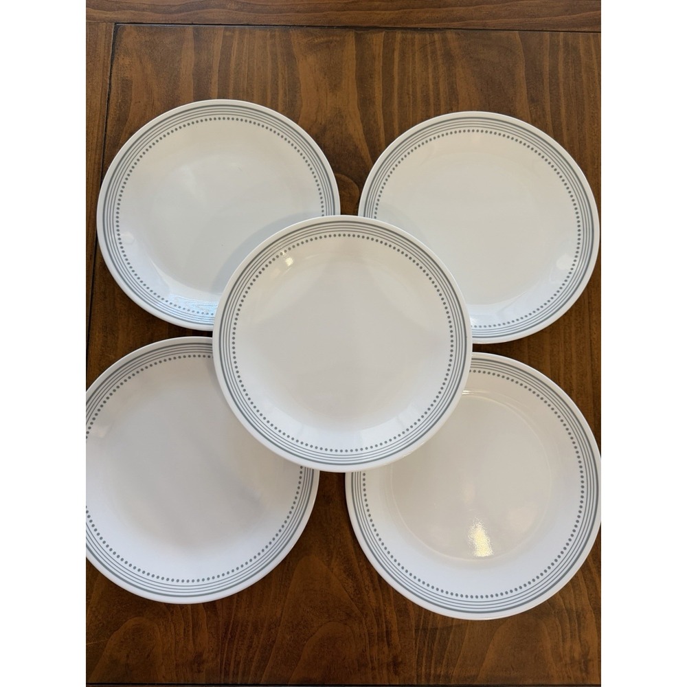Corelle Mystic Gray 10.25" Dinner Plates Lot of 5 Corning Vitrelle Lines & Dots